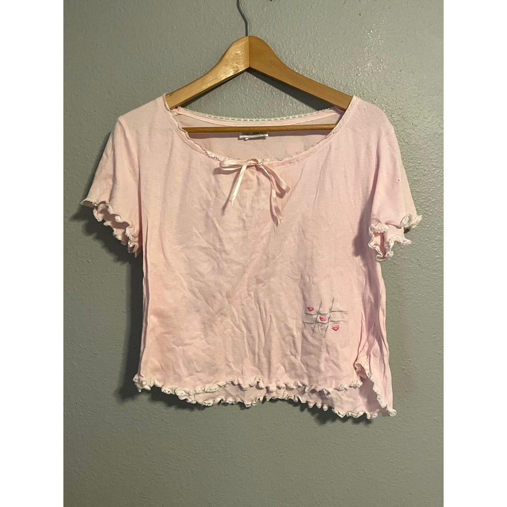 Vintage Top Womens Medium Pink Lace Trim Lettuce Hem Bow Tie Coquette 90s Y2K